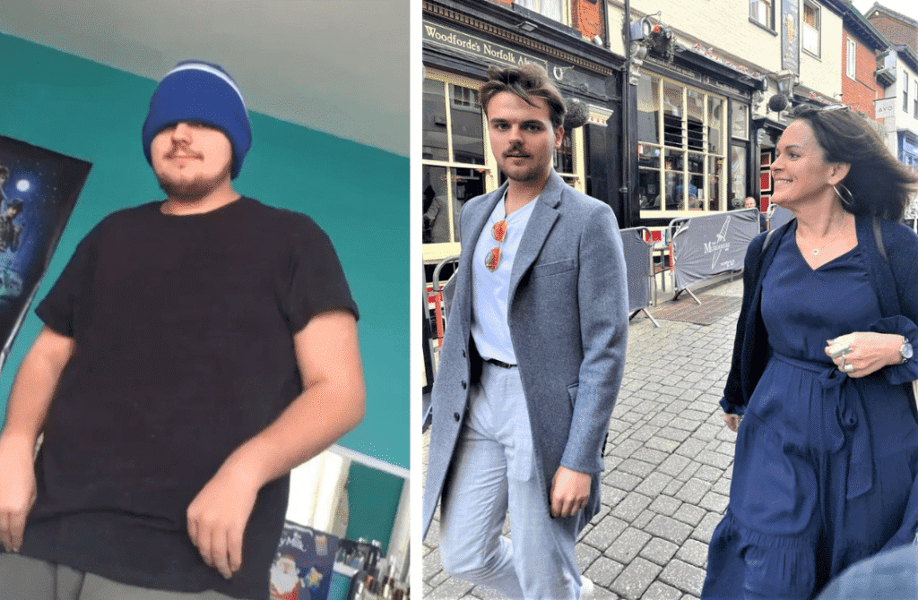 Natasha with her son Jake — before and after his 70lb weight loss
