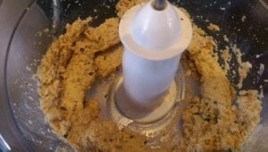 view of processed veggie patties mix in food processor bowl