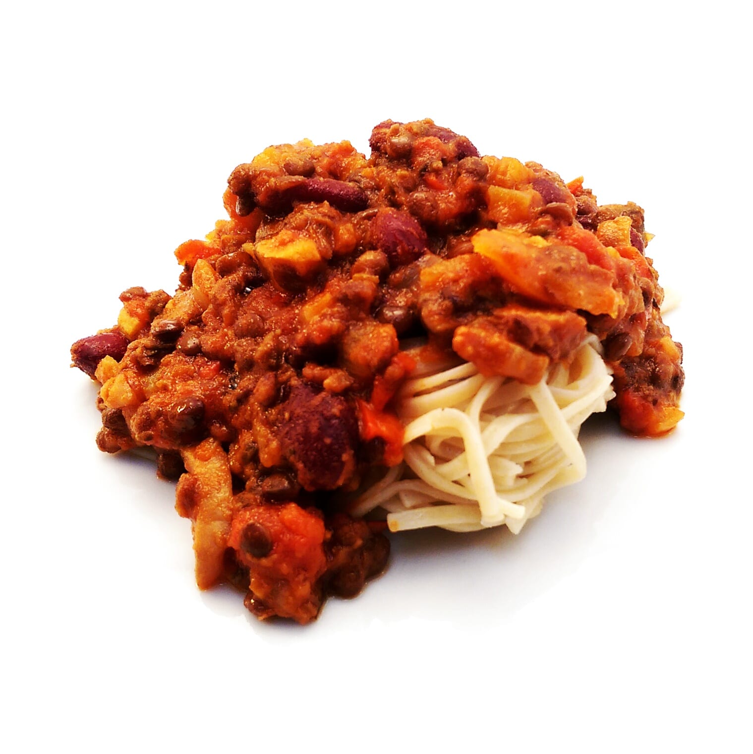 bean bolognese and noodles