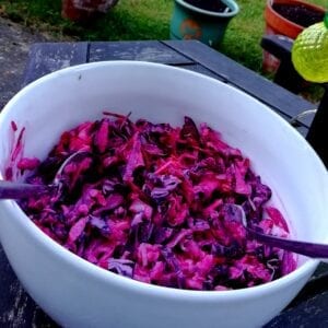 a white bowl with brightly coloured pink coleslaw on an outside table