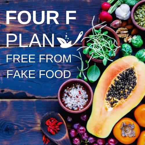 four f plan with a background of blue wood and fruits and veg