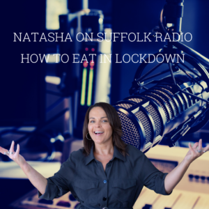 natasha with arms raised, in front of a microphone and the caption how to eat in lockdown