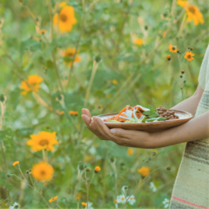 sunflower field with a person holding a plate with food on it