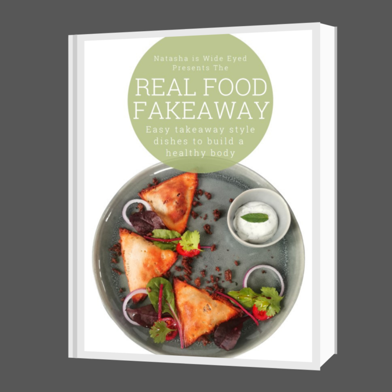 real food fakeaway book with picture of a plate of lamb samosa
