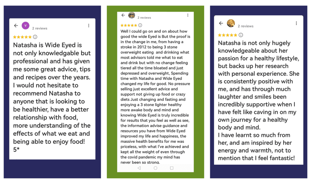 Three five star reviews with navy and green borders