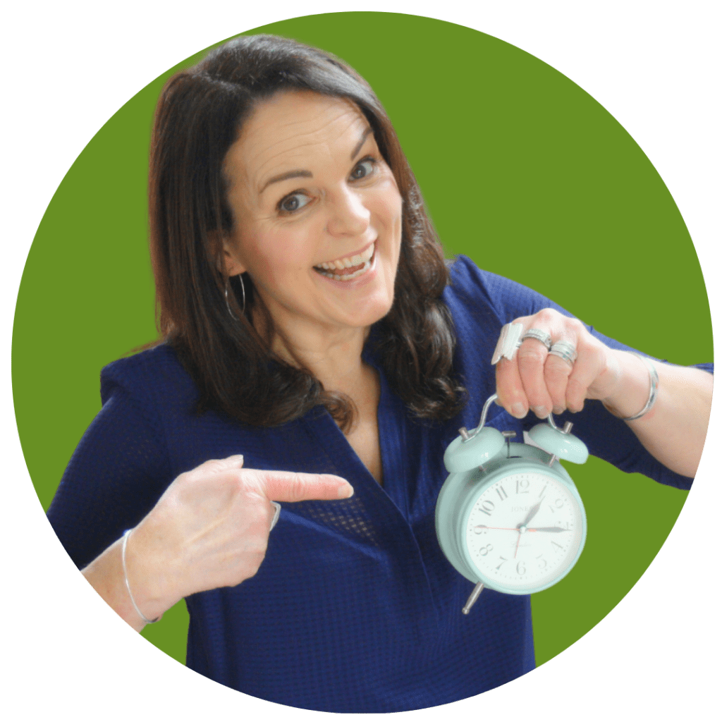 Natasha in a green circle pointing to an alarm clock