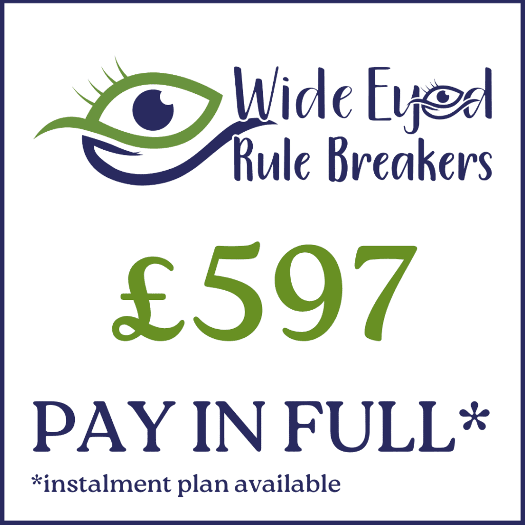 Wide eyed rule breakers logo. Reads: Price in green £597. Pay in full. Asterisked with instalment plan available below.