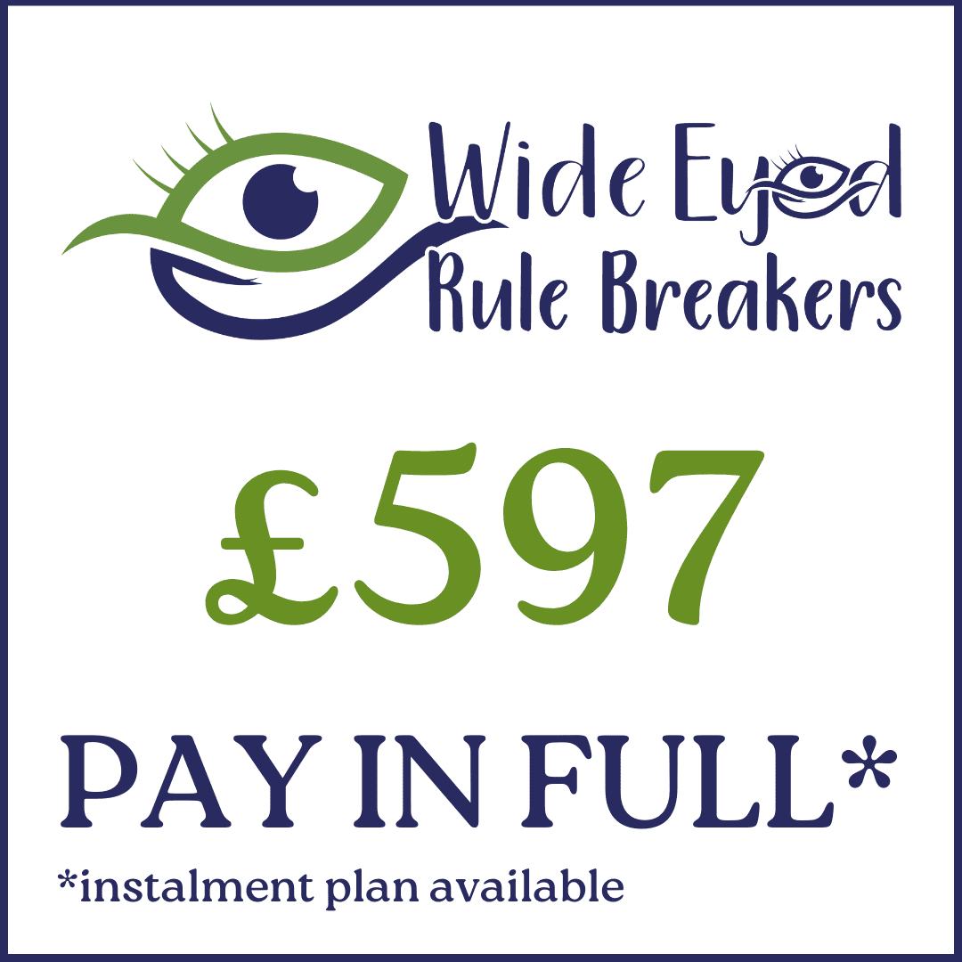 Wide eyed rule breakers logo. Reads: Price in green £597. Pay in full. Asterisked with instalment plan available below.