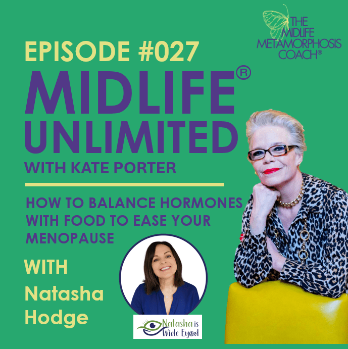 Green background with pictures of Kate Porter and Natasha Hodge with the words Episode #027 Midlife Unlimited. How to balance hormones with food to ease your menopause