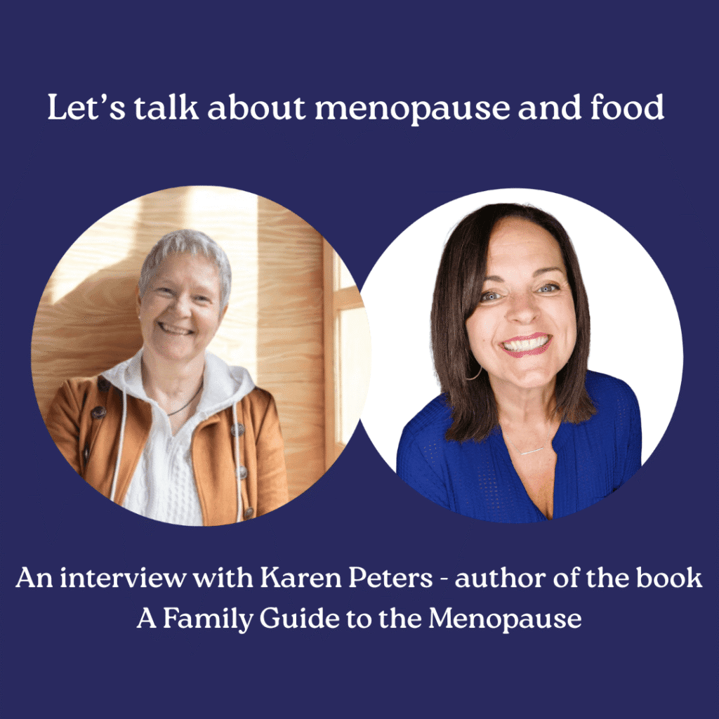 Blue square with pics of Natasha Hodge and Karen Peters with titles "Let's Talk About Menopause and Food