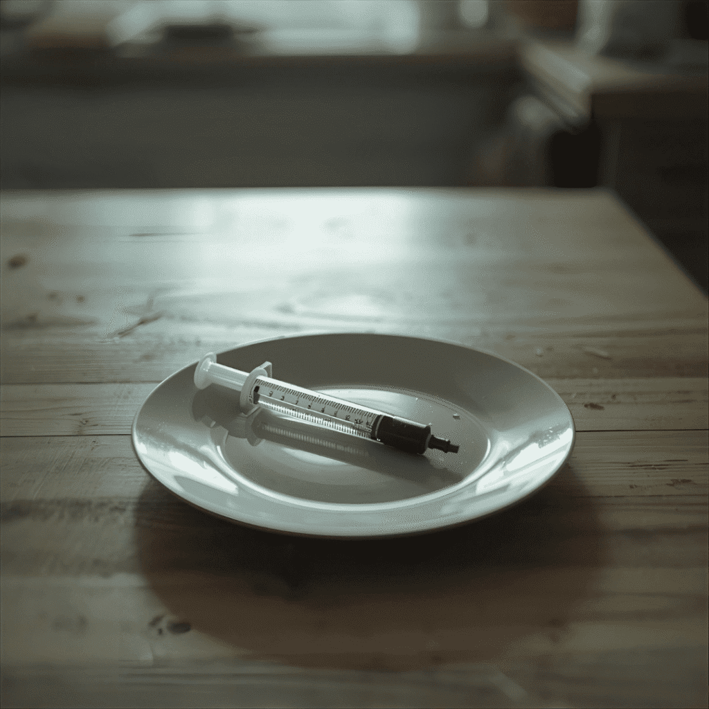 A syringe on an empty white plate on a wooden kitchen table